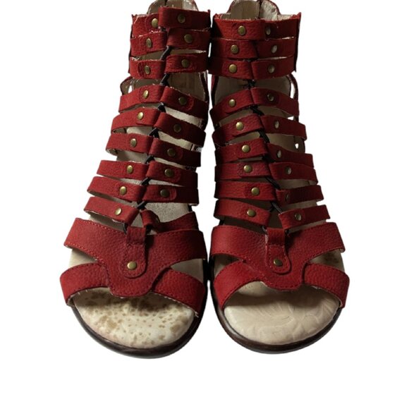 JAMBU Women's Red Leather Sugar Strappy Peep-Toe Back-Zipper Heel Sandals Size 6 - Picture 1 of 8